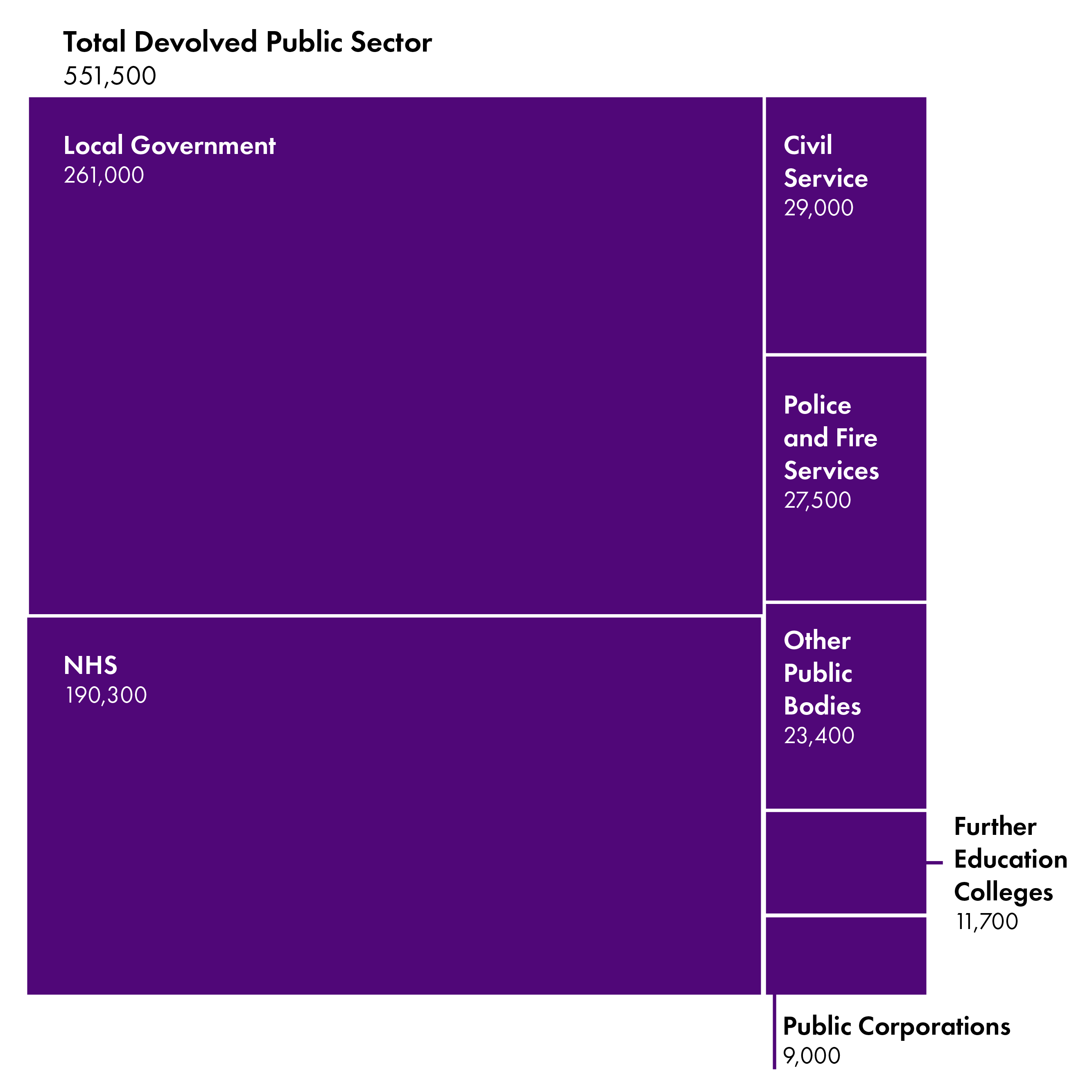 Figure showing the breakdown of the 551,000 devolved public sector workforce broken down by broad sector. Local government is the largest, with 261,000 workers and the NHS is the second largest, with 190,000 workers.